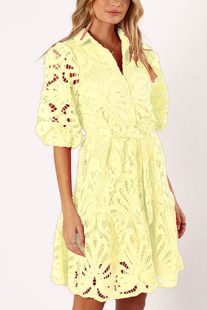 LM | Solid color lace neckline balloon sleeves and waist tie mini dress