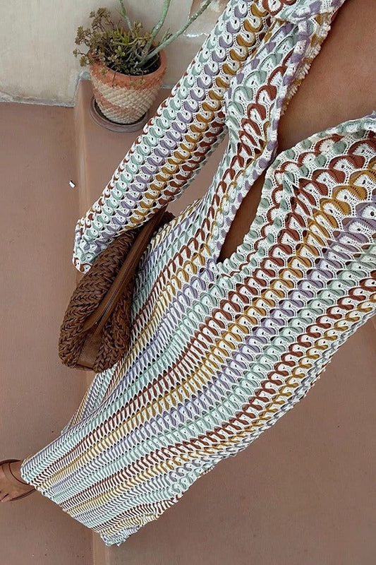 LM | Bondi beach knit colorful wave print long sleeve vacation maxi dress