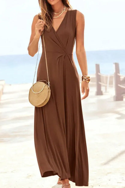 LM | V-neck sleeveless brown maxi dress