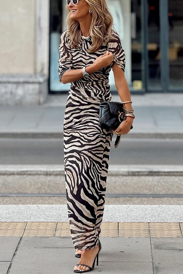 LM | Natural Beauty Mesh Zebra Print Ruffled Stretch Maxi Dress