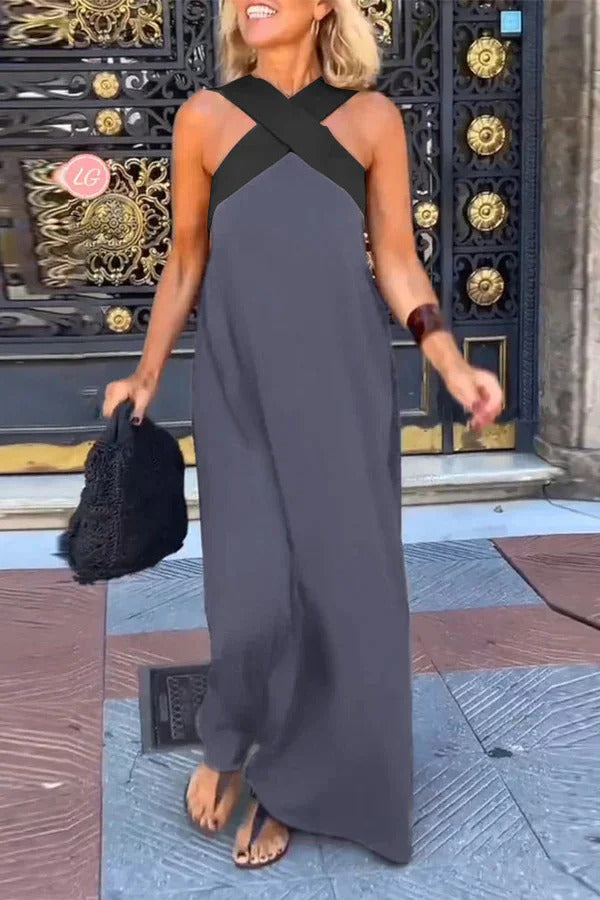 LM | Stylish crossover backless sleeveless loose maxi dress