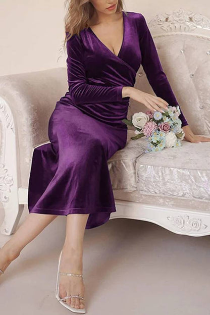 LM | Solid Velvet Long Sleeve V-Neck Slim Fit Fishtail Maxi Dress