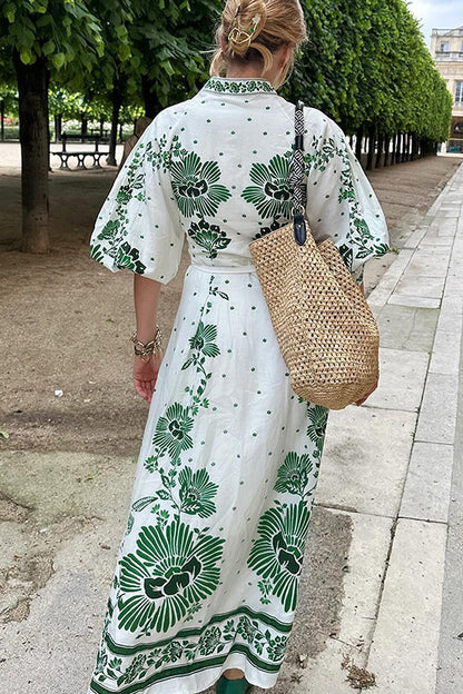 LM | Unique print button down long sleeve shirt maxi dress