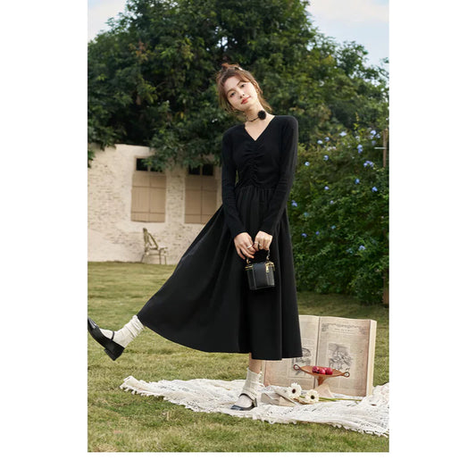 LM | Elegant Black Knitted Smocked V-Neck A-Line Midi Dress