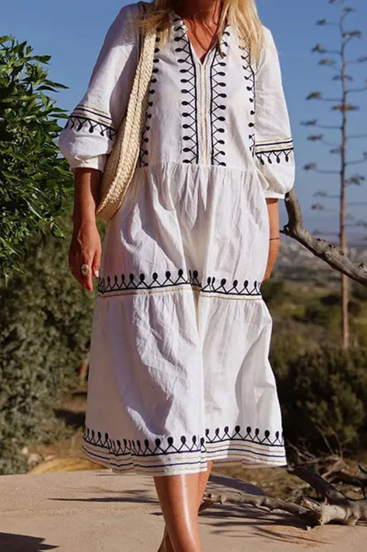 LM | V-neck Casual Loose Embroidered Midi Sleeve Midi Dress