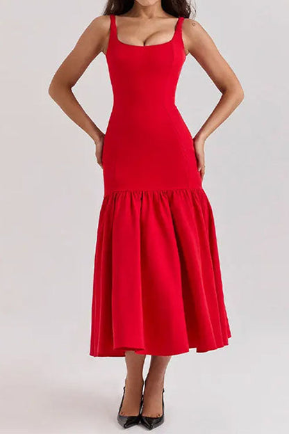 LM | Sleeveless midi dress with round neckline and ruffles