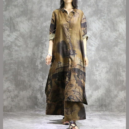 LM | Elegant wide leg pants silk tunics yellow two-piece plus size dress summer prints