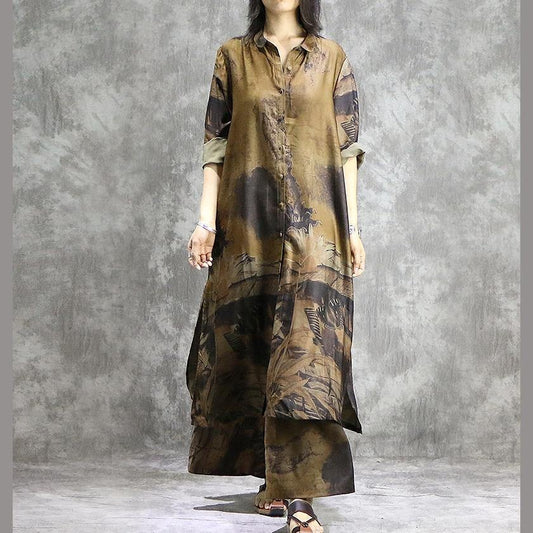 LM | Elegant wide leg pants silk tunics yellow two-piece plus size dress summer prints