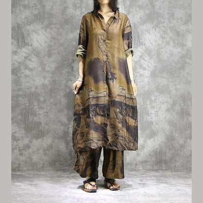 LM | Elegant wide leg pants silk tunics yellow two-piece plus size dress summer prints