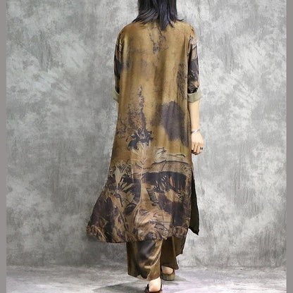 LM | Elegant wide leg pants silk tunics yellow two-piece plus size dress summer prints