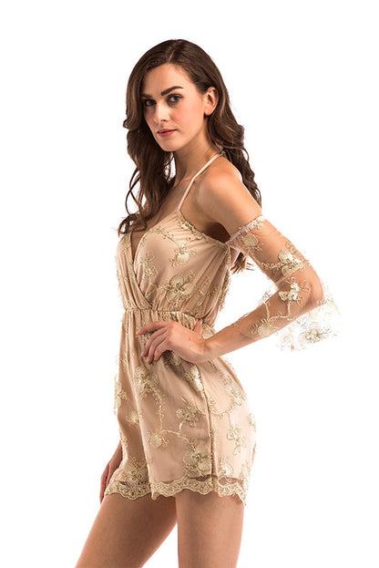 LM | V-neck Embroidered Halter Off-the-shoulder Romper with half sleeves