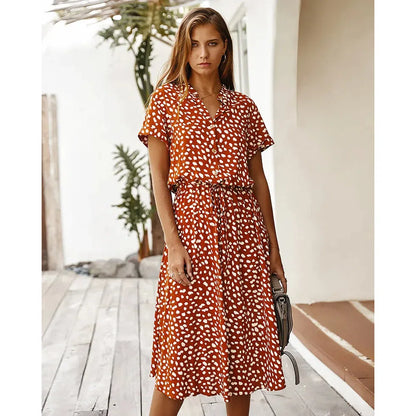 LM | Dots Print White Dress Women Summer Short Sleeve Tunic Boho Midi Dresses