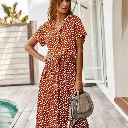 LM | Dots Print White Dress Women Summer Short Sleeve Tunic Boho Midi Dresses