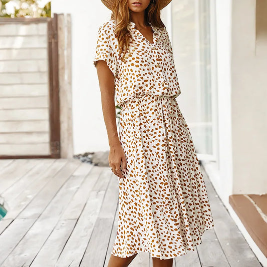 LM | Dots Print White Dress Women Summer Short Sleeve Tunic Boho Midi Dresses