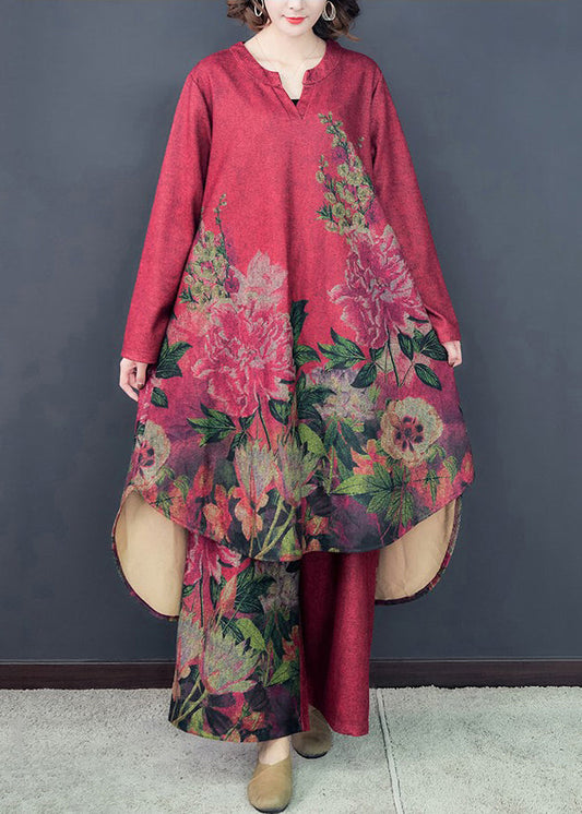 LM | Loose Red Asymmetrical Print Silk Dress And Wide Leg Pants Two Pieces Set Spring