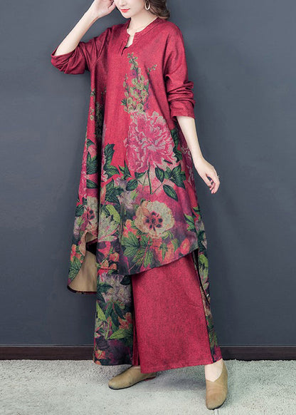 LM | Loose Red Asymmetrical Print Silk Dress And Wide Leg Pants Two Pieces Set Spring