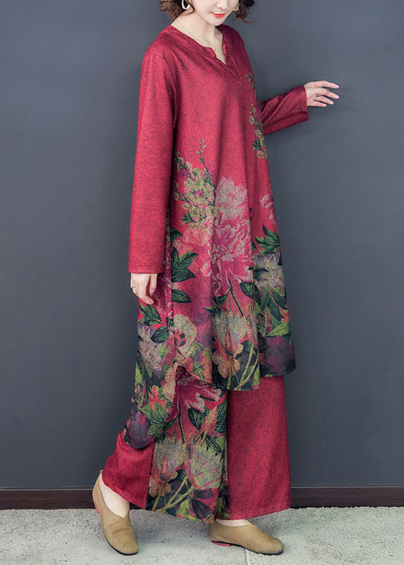 LM | Loose Red Asymmetrical Print Silk Dress And Wide Leg Pants Two Pieces Set Spring