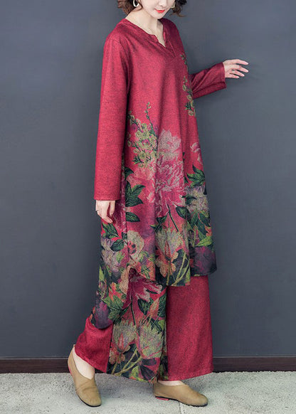 LM | Loose Red Asymmetrical Print Silk Dress And Wide Leg Pants Two Pieces Set Spring