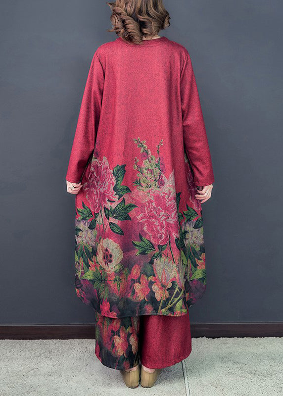 LM | Loose Red Asymmetrical Print Silk Dress And Wide Leg Pants Two Pieces Set Spring