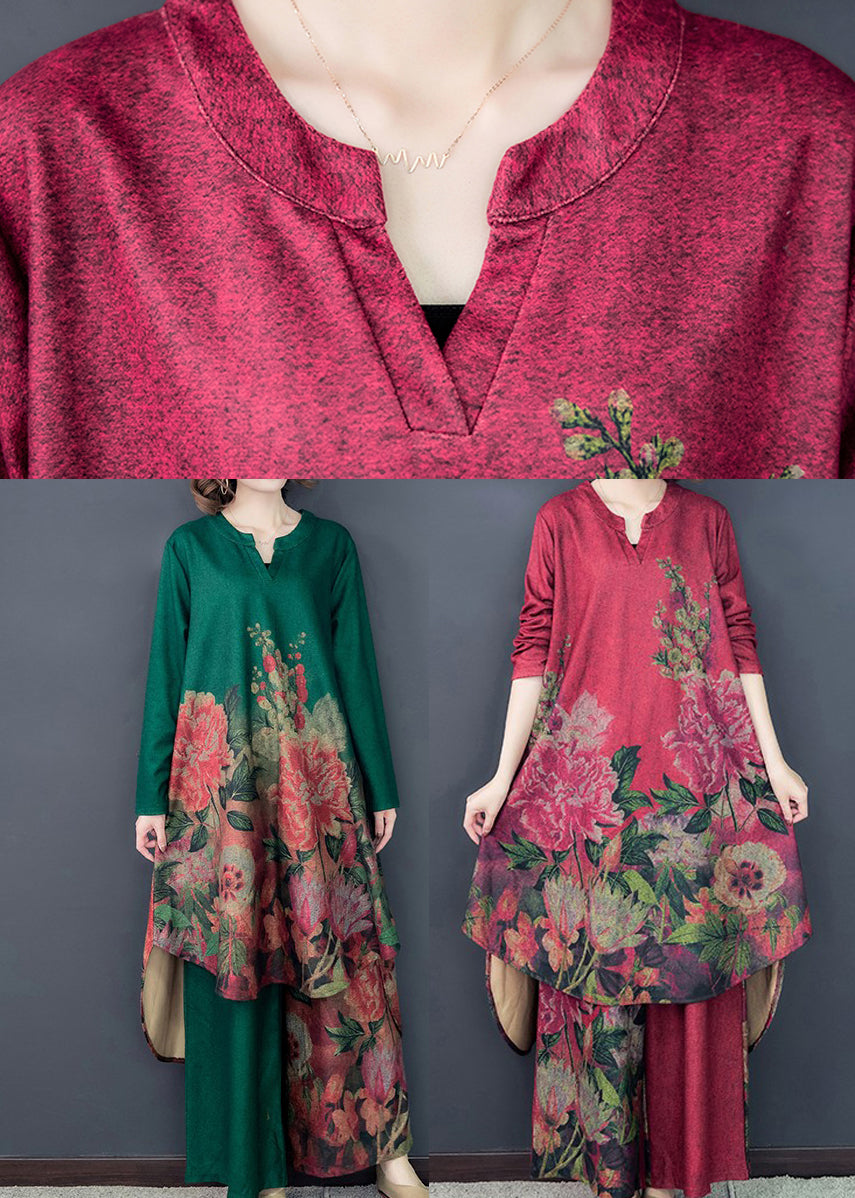 LM | Loose Red Asymmetrical Print Silk Dress And Wide Leg Pants Two Pieces Set Spring