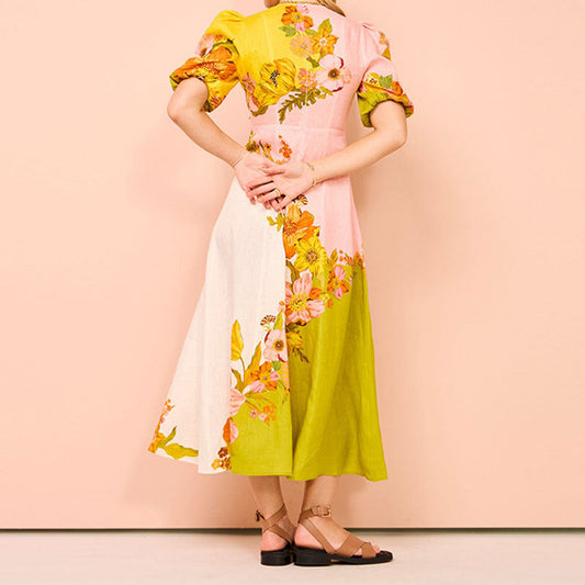 LM | Women's midi dress - Fitted waist - Puff sleeves - Floral print - Flared hem - Slip-on