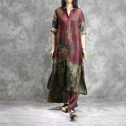 LM | Organic wide leg pants silk tunics plus size red prints dresses summer two pieces