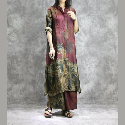 LM | Organic wide leg pants silk tunics plus size red prints dresses summer two pieces