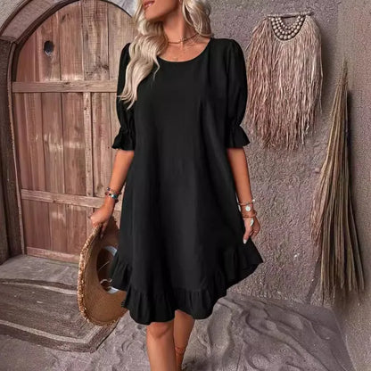 LM | Solid Color Casual Loose Short Dresses For Women Summer A-Line Midi Dress