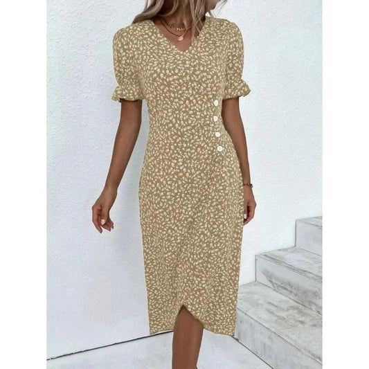 LM | Spring Floral Bodycon Midi Dress for Women V-Neck Long Sleeve