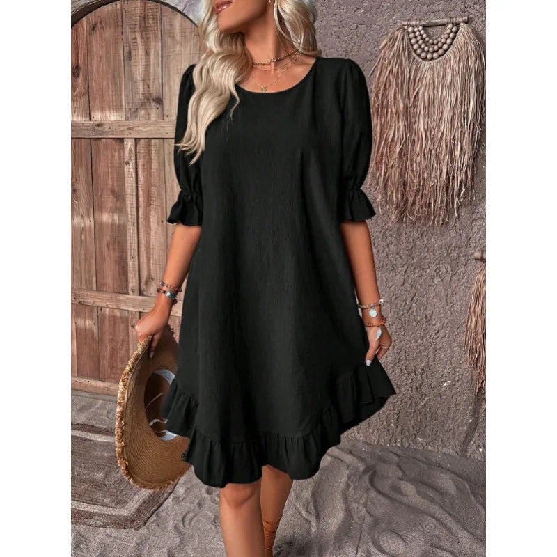 LM | Solid Color Casual Loose Short Dresses For Women Summer A-Line Midi Dress