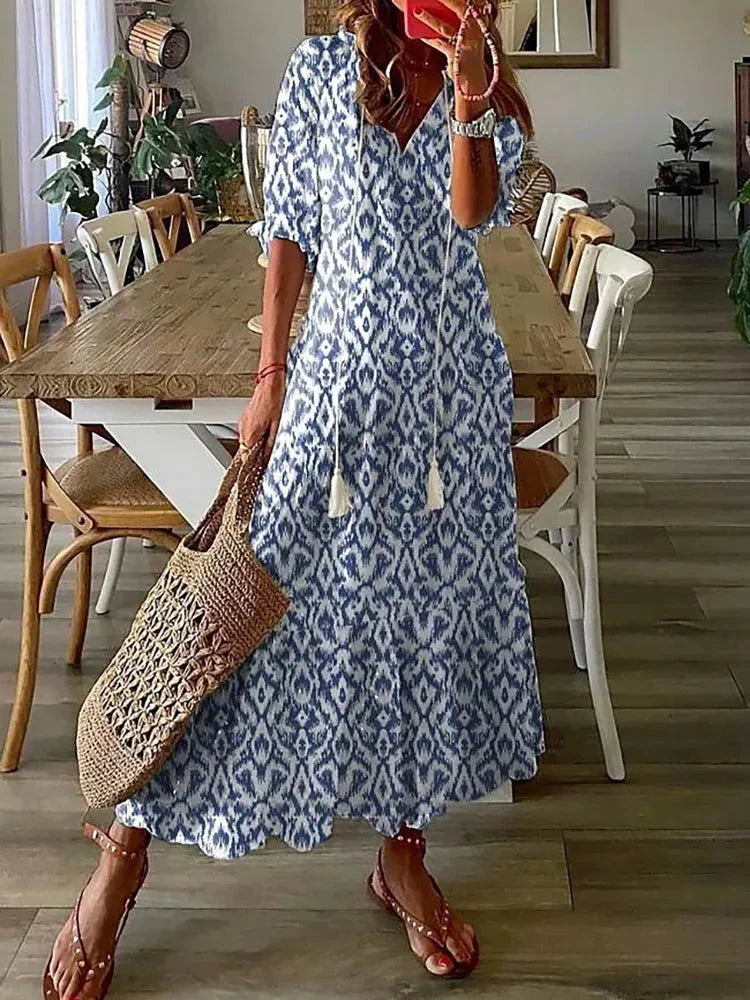 LM | Boho patterned midi dress with short sleeves