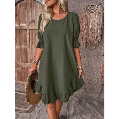 LM | Solid Color Casual Loose Short Dresses For Women Summer A-Line Midi Dress