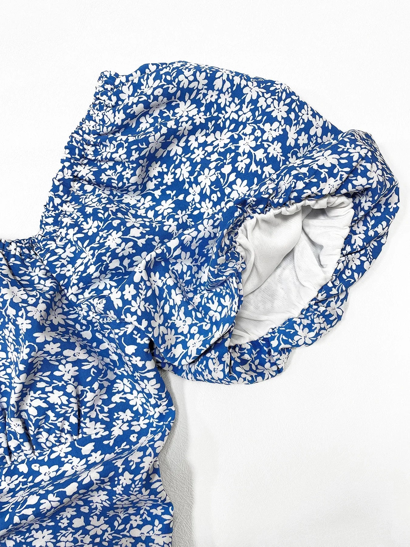LM | Ladies Boho Ditsy Floral Print Ruched Split Thigh Midi Dress with Puff Sleeves and Square Neckline for Summer and Vacation