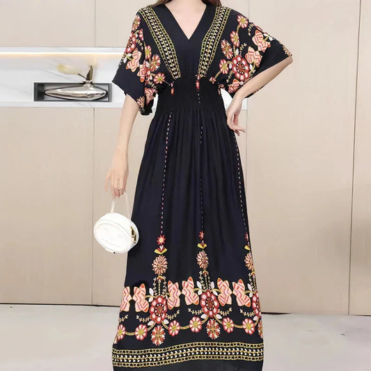 LM | Boho maxi dress with floral print and kimono sleeves