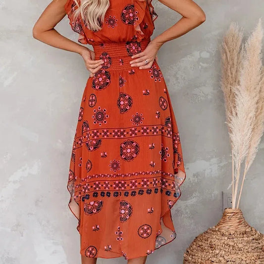 LM | Summer Women Vintage Pattern Smocked Ruffle Midi Dress