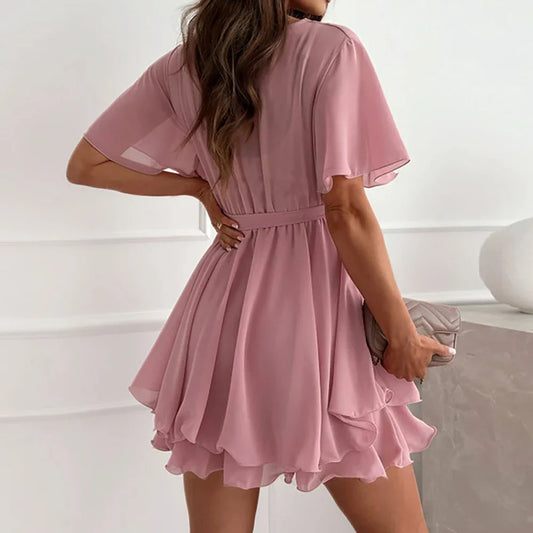 LM | White Chiffon Women Dress for Summer Short Sleeve Slim Fit Vintage Party Formal Midi Dress