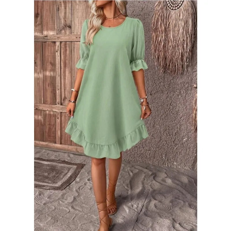 LM | Solid Color Casual Loose Short Dresses For Women Summer A-Line Midi Dress