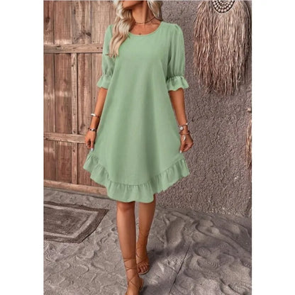 LM | Solid Color Casual Loose Short Dresses For Women Summer A-Line Midi Dress