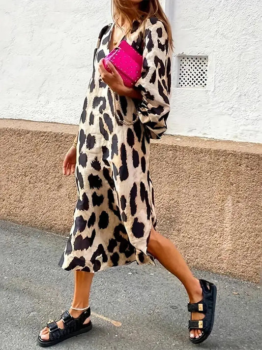 LM | Midi dress with leopard print and three-quarter sleeves