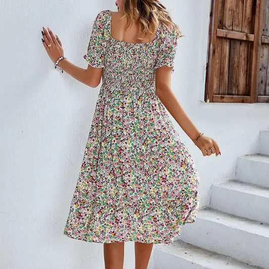 LM | Bohemia Print Dress Women New Summer Midi Dress Puff Sleeves