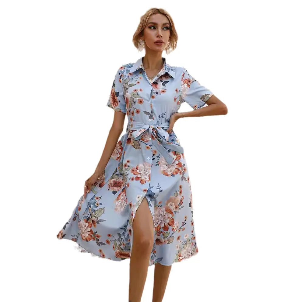 LM | Spring Summer Women Floral Print Midi Dress with Short Sleeves and Turn Down Collar for Casual Party and Outing