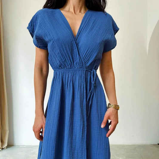 LM | Maxi dress with V-neck and short sleeves