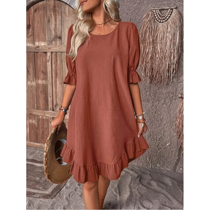 LM | Solid Color Casual Loose Short Dresses For Women Summer A-Line Midi Dress