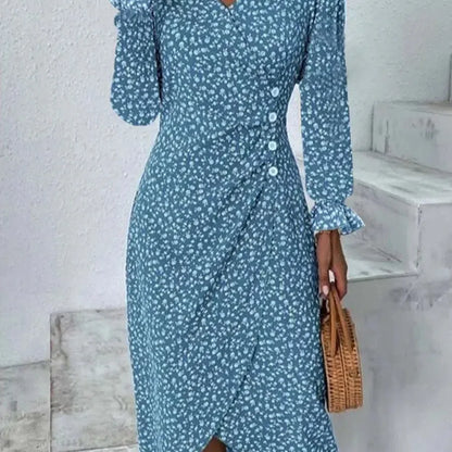LM | Spring Floral Bodycon Midi Dress for Women V-Neck Long Sleeve