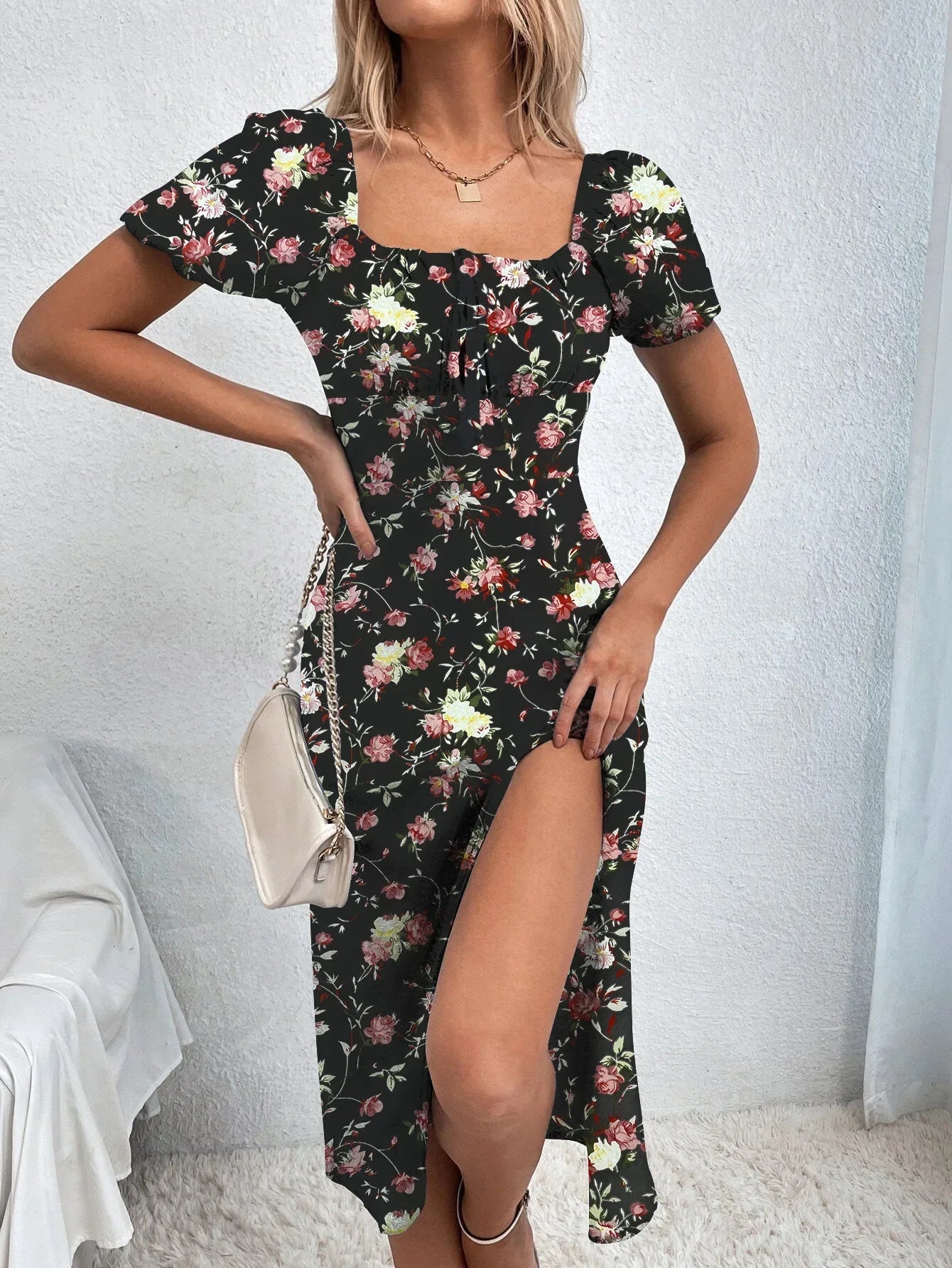 LM | Ladies Boho Ditsy Floral Print Ruched Split Thigh Midi Dress with Puff Sleeves and Square Neckline for Summer and Vacation