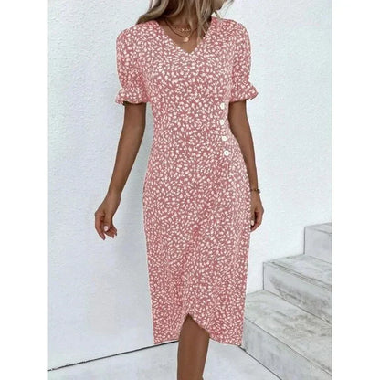 LM | Spring Floral Bodycon Midi Dress for Women V-Neck Long Sleeve