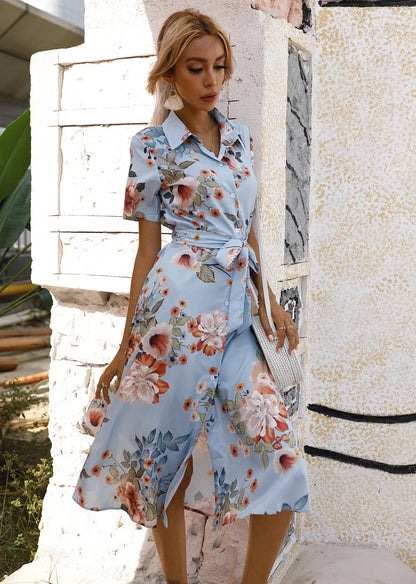 LM | Spring Summer Women Floral Print Midi Dress with Short Sleeves and Turn Down Collar for Casual Party and Outing