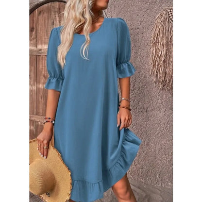 LM | Solid Color Casual Loose Short Dresses For Women Summer A-Line Midi Dress