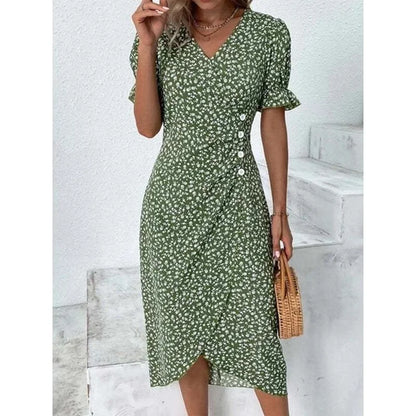 LM | Elegant floral pleated midi dress with puff sleeves and V-neckline