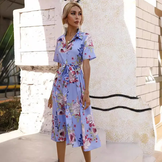 LM | Spring Summer Women Floral Print Midi Dress with Short Sleeves and Turn Down Collar for Casual Party and Outing
